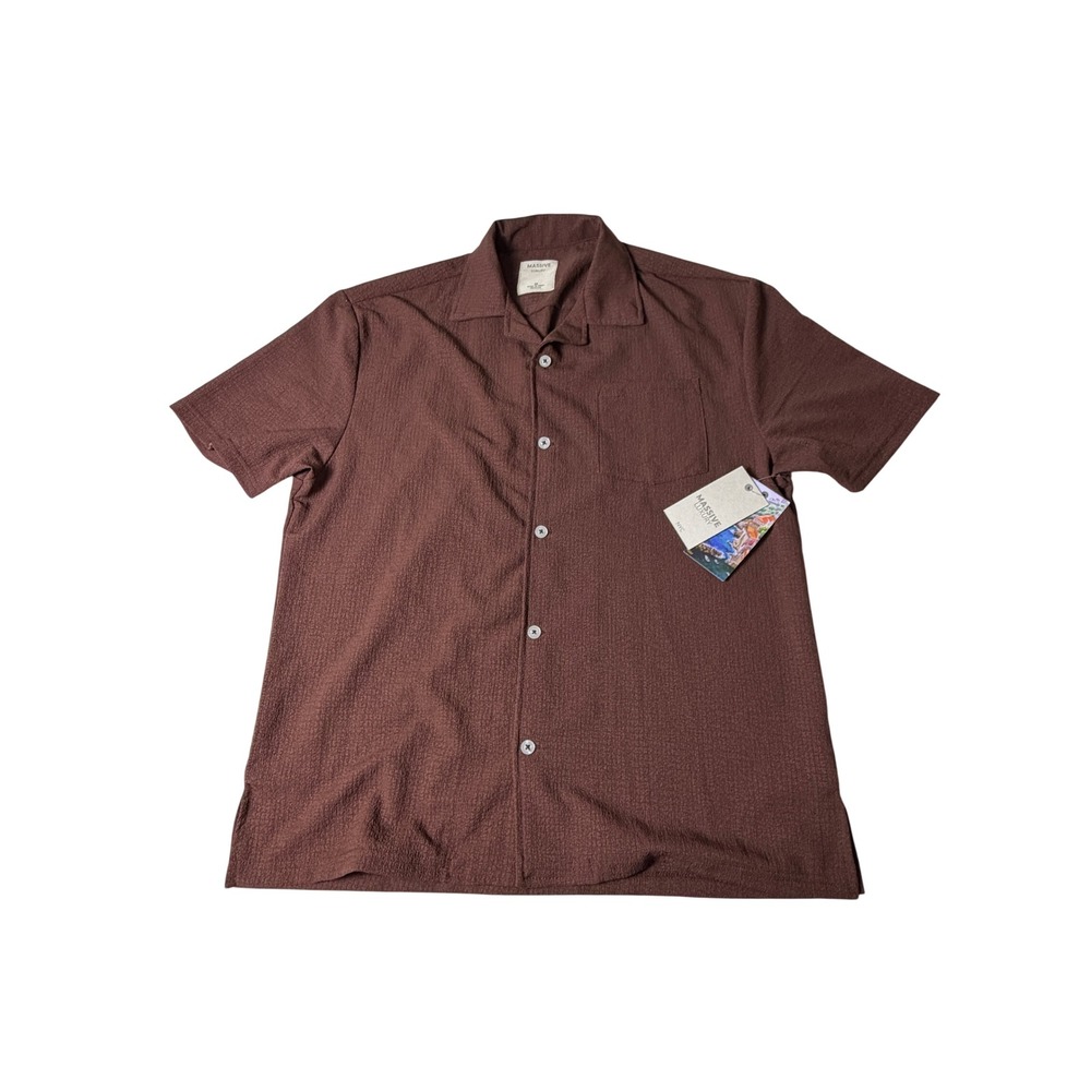 Massive Luxury Button Down Men Medium Brown NWT Textured Camp Collar Shirt